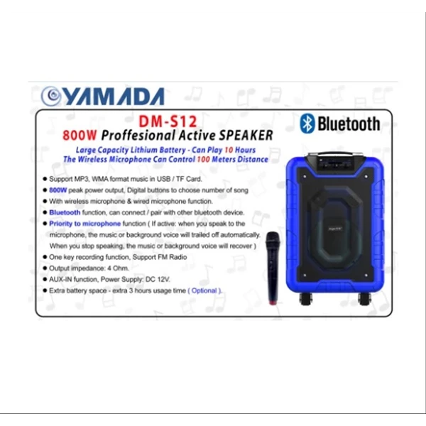 Yamada DM-S12 800W Active Speaker portable MP3 WMA Music USB Wireless microphone Bluetooth AUX