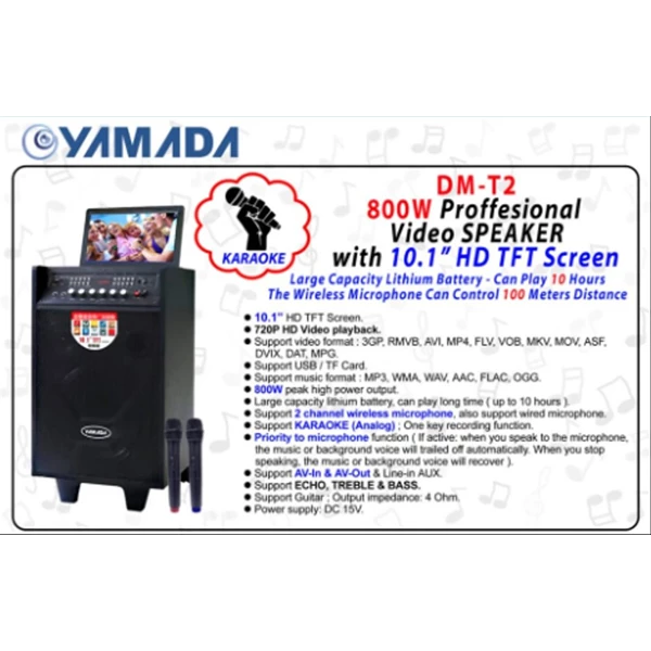 Speaker portable Yamada DM-T2 Video Karaoke 10 inci HD TV Screen AUX MP3 MP4 Gratis Wireless Mic