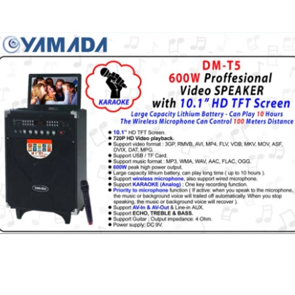 Speaker PortableYAMADA DM T5 600W Audio Video Speaker 10.1 HD TFT Screen Karaoke Mic
